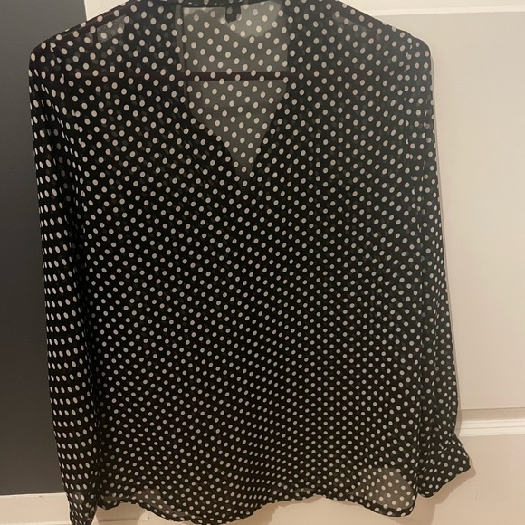 Black sheer button-up blouse with white polka dots. Two breast pockets.  S - Picture 3 of 3
